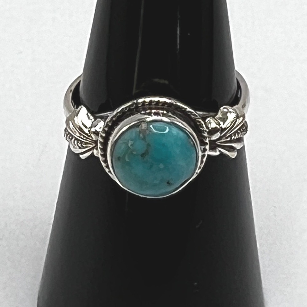 925 Sterling Silver 8mm Round Turquoise Cabochon Ring Size 7 Southwestern,